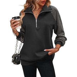 imageZeagoo Womens Sweatshrits Quarter Zip Pullover Fleece Sweatshirt Casual Cable Knit Sleeve Hoodies Fashion Outfits ClothesBlackDark Grey