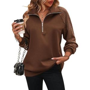 imageZeagoo Womens Sweatshrits Quarter Zip Pullover Fleece Sweatshirt Casual Cable Knit Sleeve Hoodies Fashion Outfits ClothesBrown