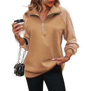 imageZeagoo Womens Sweatshrits Quarter Zip Pullover Fleece Sweatshirt Casual Cable Knit Sleeve Hoodies Fashion Outfits ClothesCamel