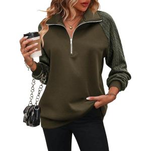 imageZeagoo Womens Sweatshrits Quarter Zip Pullover Fleece Sweatshirt Casual Cable Knit Sleeve Hoodies Fashion Outfits ClothesDark Army Green