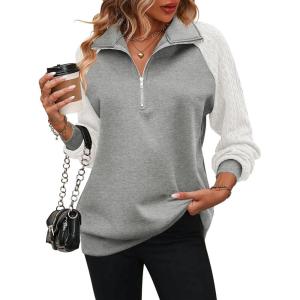 imageZeagoo Womens Sweatshrits Quarter Zip Pullover Fleece Sweatshirt Casual Cable Knit Sleeve Hoodies Fashion Outfits ClothesGreyWhite