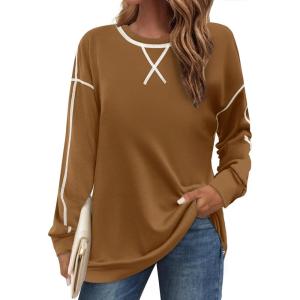 imageZeagoo Womens Tops Long Sleeve Lightweight Shirts 2025 Spring Fashion Trendy Tops Crewneck Casual SweatshirtBrown