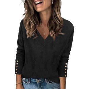 imageZeagoo Womens V Neck Sweaters Shirts Long Sleeve Lightweight Ribbed Knit Pullover Sweater Blouse Tops with Buttons OufitsBlack