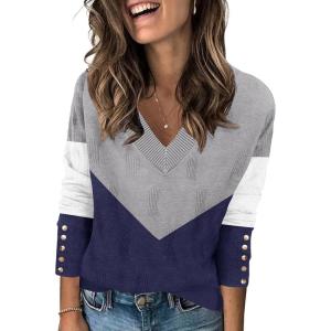 imageZeagoo Womens V Neck Sweaters Shirts Long Sleeve Lightweight Ribbed Knit Pullover Sweater Blouse Tops with Buttons OufitsCgrey Navy