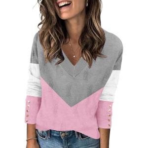 imageZeagoo Womens V Neck Sweaters Shirts Long Sleeve Lightweight Ribbed Knit Pullover Sweater Blouse Tops with Buttons OufitsCgrey Pink