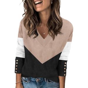 imageZeagoo Womens V Neck Sweaters Shirts Long Sleeve Lightweight Ribbed Knit Pullover Sweater Blouse Tops with Buttons OufitsCkhaki Black