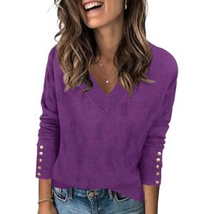imageZeagoo Womens V Neck Sweaters Shirts Long Sleeve Lightweight Ribbed Knit Pullover Sweater Blouse Tops with Buttons OufitsPurple