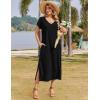 imageZeagoo Women Summer Floral Dress Short Sleeve Beach Dress with Pockets Casual VNeck Split Long TShirt Dress Travel VacationBlack