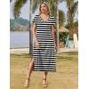 imageZeagoo Women Summer Floral Dress Short Sleeve Beach Dress with Pockets Casual VNeck Split Long TShirt Dress Travel VacationBlack White Stripe