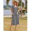 imageZeagoo Women Summer Floral Dress Short Sleeve Beach Dress with Pockets Casual VNeck Split Long TShirt Dress Travel VacationBlack White Stripe
