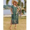 imageZeagoo Women Summer Floral Dress Short Sleeve Beach Dress with Pockets Casual VNeck Split Long TShirt Dress Travel VacationGreen Printed