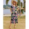 imageZeagoo Women Summer Floral Dress Short Sleeve Beach Dress with Pockets Casual VNeck Split Long TShirt Dress Travel VacationNavy Leaf