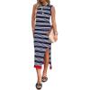 imageZeagoo Womens Bodycon Midi Dresses Summer Casual Sleeveless Dress Women Knit Side Slit Striped 2025 Long Tank DressNavy Bluewhite