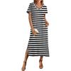 imageZeagoo Women Summer Floral Dress Short Sleeve Beach Dress with Pockets Casual VNeck Split Long TShirt Dress Travel VacationBlack White Stripe