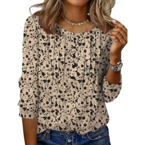 imageZeagoo 34 Length Sleeve Womens Tops Round Neck Casual Summer Tunic Tops Basic Tees Blouses Dressy TShirts Pleated ShirtsBeige