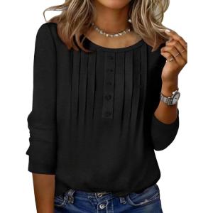 imageZeagoo 34 Length Sleeve Womens Tops Round Neck Casual Summer Tunic Tops Basic Tees Blouses Dressy TShirts Pleated ShirtsBlack