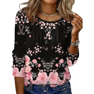 imageZeagoo 34 Length Sleeve Womens Tops Round Neck Casual Summer Tunic Tops Basic Tees Blouses Dressy TShirts Pleated ShirtsBlackpink