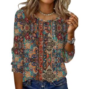 imageZeagoo 34 Length Sleeve Womens Tops Round Neck Casual Summer Tunic Tops Basic Tees Blouses Dressy TShirts Pleated ShirtsBrown