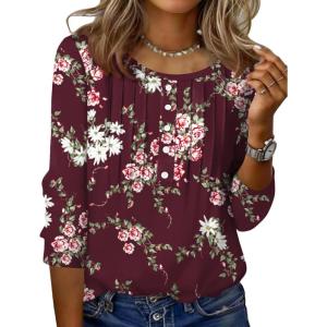 imageZeagoo 34 Length Sleeve Womens Tops Round Neck Casual Summer Tunic Tops Basic Tees Blouses Dressy TShirts Pleated ShirtsDh1021