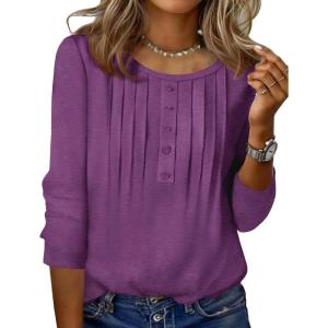 imageZeagoo 34 Length Sleeve Womens Tops Round Neck Casual Summer Tunic Tops Basic Tees Blouses Dressy TShirts Pleated ShirtsPurple
