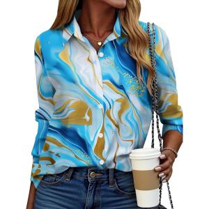 imageZeagoo Button Down Shirt for Women Long Sleeve Blouses Floral Printed Tops Business Casual Work Outfits SXXLBlue Printed