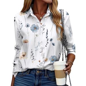 imageZeagoo Button Down Shirt for Women Long Sleeve Blouses Floral Printed Tops Business Casual Work Outfits SXXLFloral White