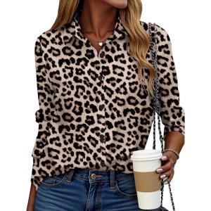 imageZeagoo Button Down Shirt for Women Long Sleeve Blouses Floral Printed Tops Business Casual Work Outfits SXXLLeopard Print