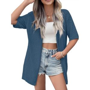 imageZeagoo Lightweight Summer Cardigan for Women Short Sleeve V Neck Crochet Kimonos Loose Open Front Hollow Out Cover UpsAshleigh Blue