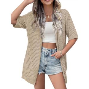 imageZeagoo Lightweight Summer Cardigan for Women Short Sleeve V Neck Crochet Kimonos Loose Open Front Hollow Out Cover UpsBeige