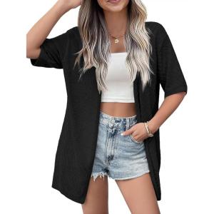 imageZeagoo Lightweight Summer Cardigan for Women Short Sleeve V Neck Crochet Kimonos Loose Open Front Hollow Out Cover UpsBlack
