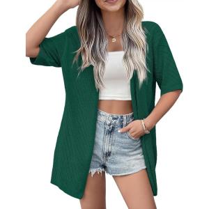 imageZeagoo Lightweight Summer Cardigan for Women Short Sleeve V Neck Crochet Kimonos Loose Open Front Hollow Out Cover UpsGreen