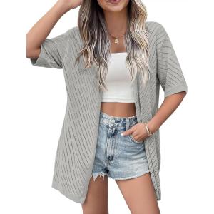 imageZeagoo Lightweight Summer Cardigan for Women Short Sleeve V Neck Crochet Kimonos Loose Open Front Hollow Out Cover UpsLight Grey