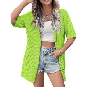 imageZeagoo Lightweight Summer Cardigan for Women Short Sleeve V Neck Crochet Kimonos Loose Open Front Hollow Out Cover UpsNeon Green