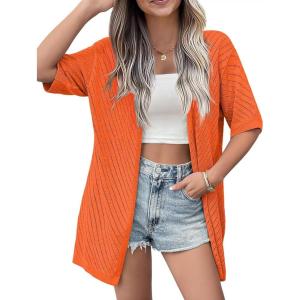 imageZeagoo Lightweight Summer Cardigan for Women Short Sleeve V Neck Crochet Kimonos Loose Open Front Hollow Out Cover UpsOrange