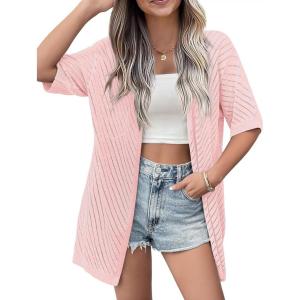 imageZeagoo Lightweight Summer Cardigan for Women Short Sleeve V Neck Crochet Kimonos Loose Open Front Hollow Out Cover UpsPink