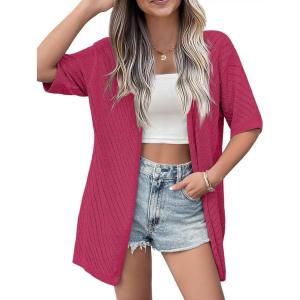imageZeagoo Lightweight Summer Cardigan for Women Short Sleeve V Neck Crochet Kimonos Loose Open Front Hollow Out Cover UpsRose Red
