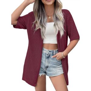 imageZeagoo Lightweight Summer Cardigan for Women Short Sleeve V Neck Crochet Kimonos Loose Open Front Hollow Out Cover UpsWine Red