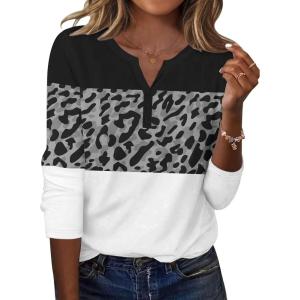 imageZeagoo Long Sleeve Shirts for Women Casual V Neck Fall Tops Dressy Summer Work Blouses ClothesLeopard Patchwork