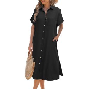 imageZeagoo Women Dresses Summer Casual Short Sleeve Button Down Shirt Dresses 2025 Beach Cover Up with PocketsA01black
