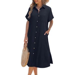 imageZeagoo Women Dresses Summer Casual Short Sleeve Button Down Shirt Dresses 2025 Beach Cover Up with PocketsA03navy Blue
