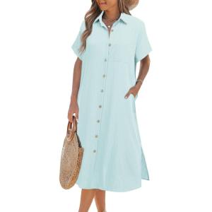 imageZeagoo Women Dresses Summer Casual Short Sleeve Button Down Shirt Dresses 2025 Beach Cover Up with PocketsBaby Blue