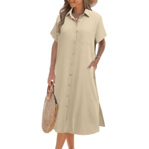 imageZeagoo Women Dresses Summer Casual Short Sleeve Button Down Shirt Dresses 2025 Beach Cover Up with PocketsBapricot