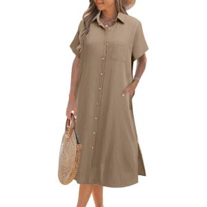 imageZeagoo Women Dresses Summer Casual Short Sleeve Button Down Shirt Dresses 2025 Beach Cover Up with PocketsBeige