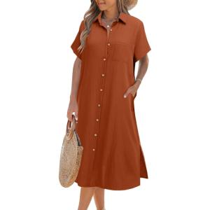 imageZeagoo Women Dresses Summer Casual Short Sleeve Button Down Shirt Dresses 2025 Beach Cover Up with PocketsBrick Red