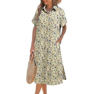 imageZeagoo Women Dresses Summer Casual Short Sleeve Button Down Shirt Dresses 2025 Beach Cover Up with PocketsFloral Print Apricot