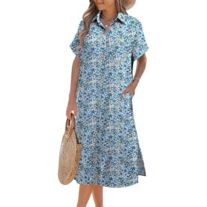 imageZeagoo Women Dresses Summer Casual Short Sleeve Button Down Shirt Dresses 2025 Beach Cover Up with PocketsFloral Print Blue