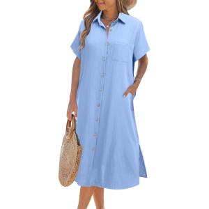 imageZeagoo Women Dresses Summer Casual Short Sleeve Button Down Shirt Dresses 2025 Beach Cover Up with PocketsLight Blue