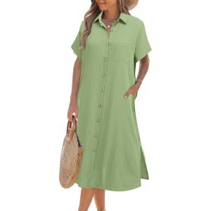 imageZeagoo Women Dresses Summer Casual Short Sleeve Button Down Shirt Dresses 2025 Beach Cover Up with PocketsLight Green