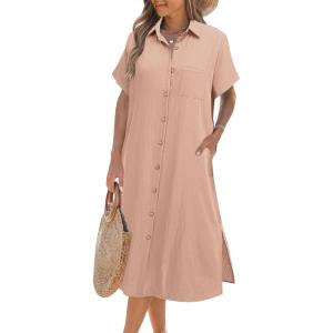 imageZeagoo Women Dresses Summer Casual Short Sleeve Button Down Shirt Dresses 2025 Beach Cover Up with PocketsPink