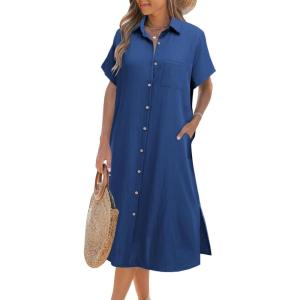 imageZeagoo Women Dresses Summer Casual Short Sleeve Button Down Shirt Dresses 2025 Beach Cover Up with PocketsRoyal Blue